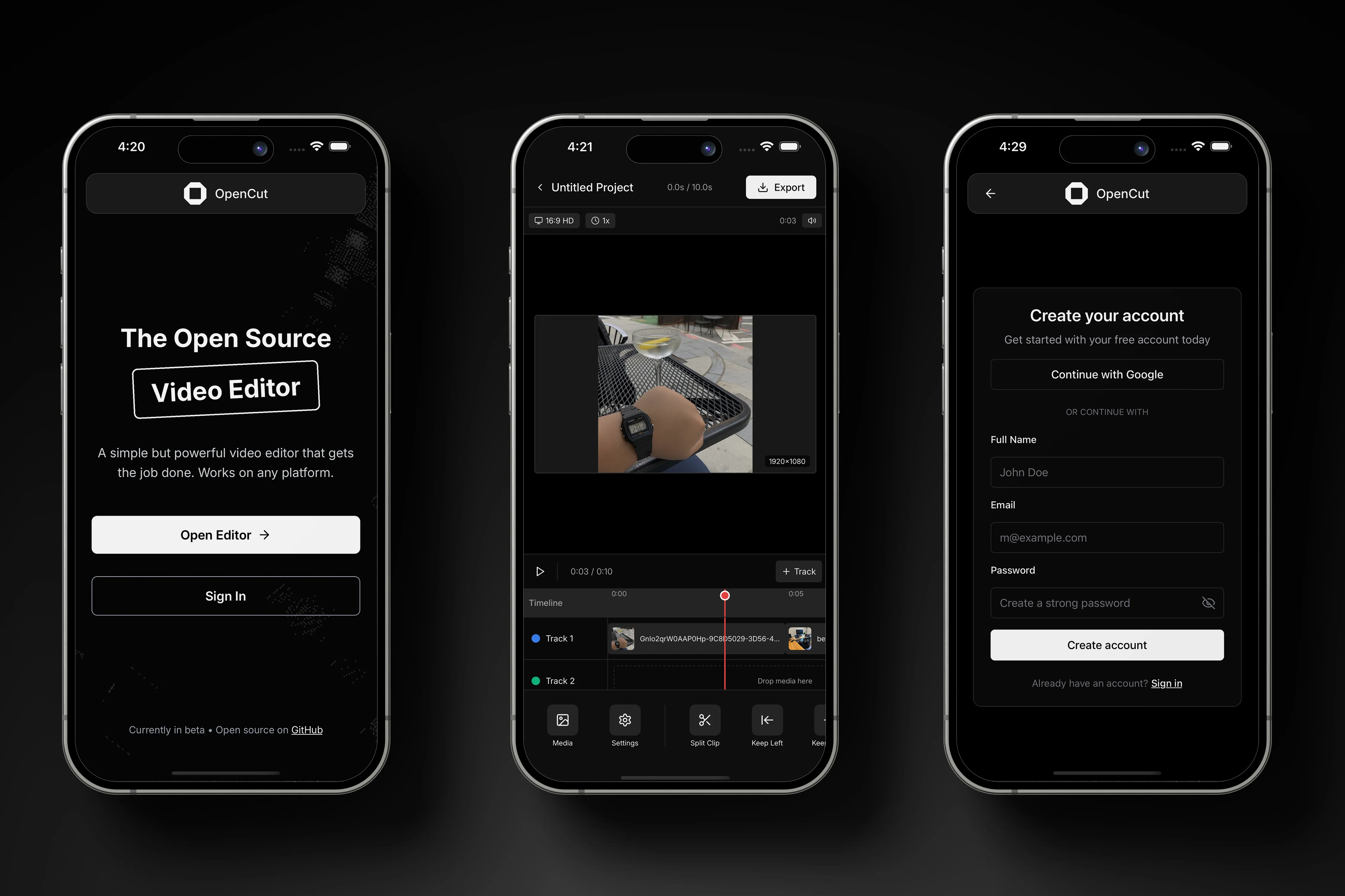 OpenCut open source web video editor interface
